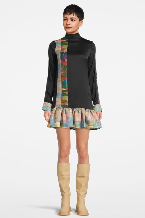 WOMEN'S LOOSE FIT VOLANT HEM MINI DRESS BLACK 1