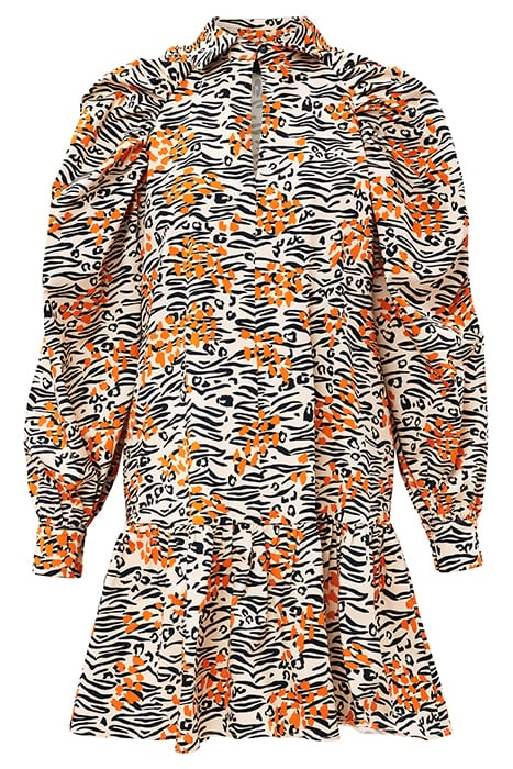 GATHERED VOLANT DRESS WILD PRINT ORANGE 4