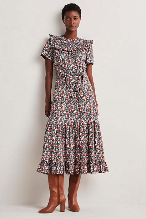 SMOCKED YOKE JERSEY MIDI DRESS NVY 1