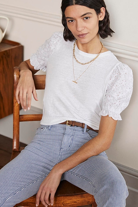 BRODERIE SLEEVE LINEN T-SHIRT WHT 2