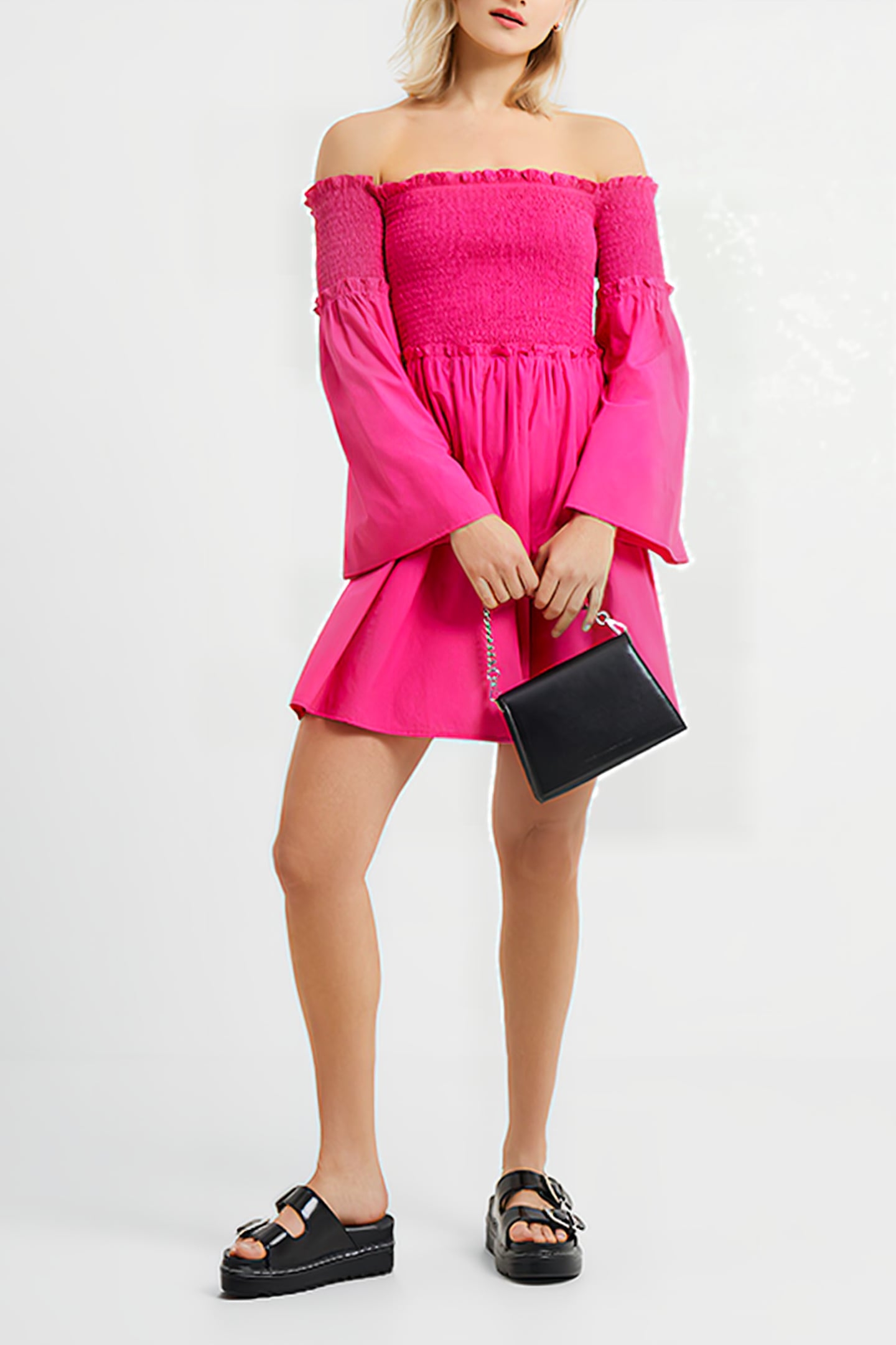 RHODES CONSCIOUS POPLIN BARDOT MINI DRESS WILD ROSA 2