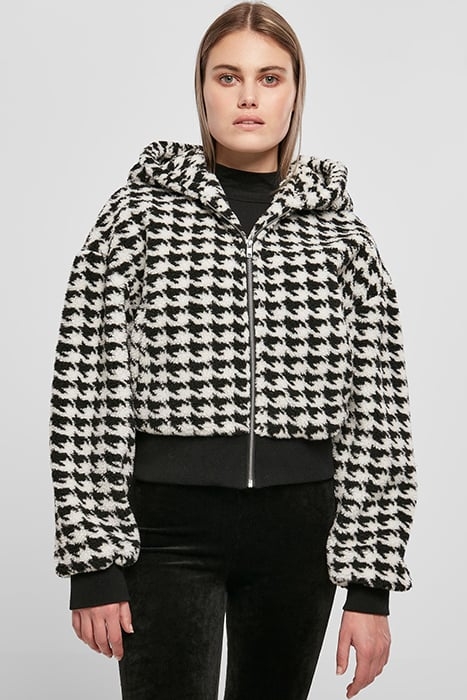 LADIES SHORT OVERSIZED AOP SHERPA JACKET BLACKHOUNDSTOOTH 1