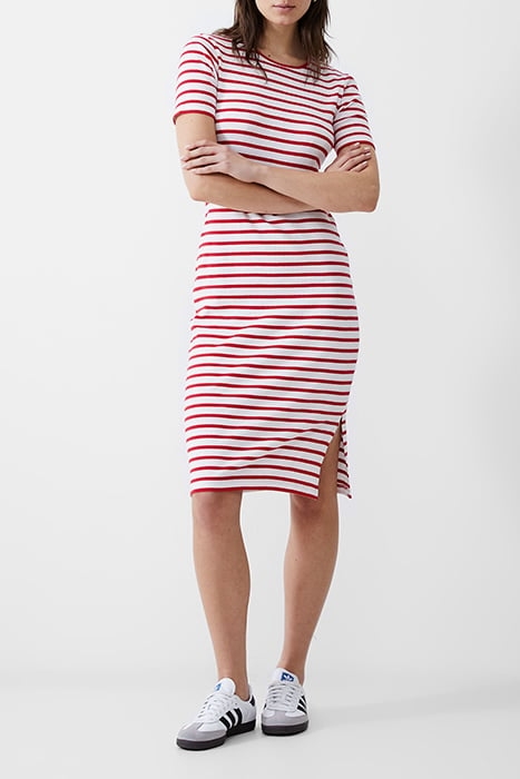 STRIPE RIB DRESS MIDI POPPY/WHITE 2