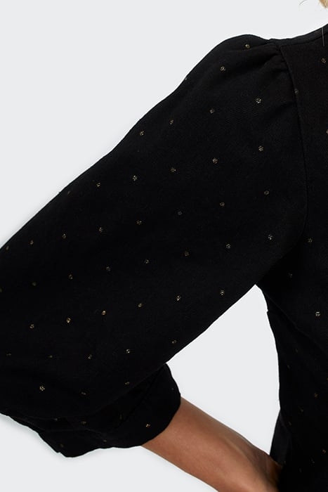 BLACK DENIM DRESS WITH GOLD POLKA DOT PRINT 6