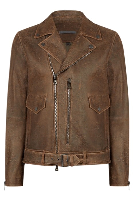ZIP CLOSURE BELTED BIKER JACKET WITH VER DARK BROWN 2