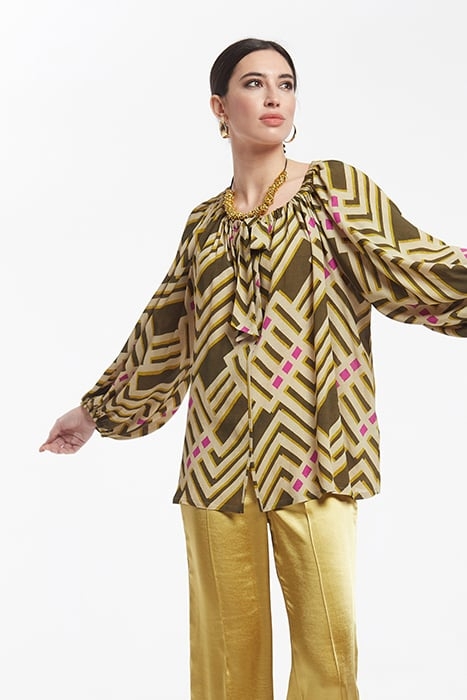 PRINT VISCOSE TIE BOW BLOUSE GREEN 3