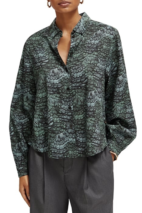 PRINTED BALLOON SLEEVE SHIRT FEATHER BOTTLE GREEN 1