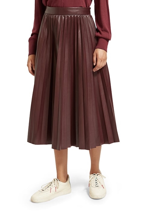 FAUX LEATHER PLEATED HIGH RISE MIDI SKIRT BORDEAUX 1