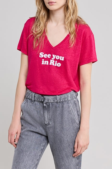 HOT PINK T-SHIRT WITH FLOCKED VELVET SLOGAN 1