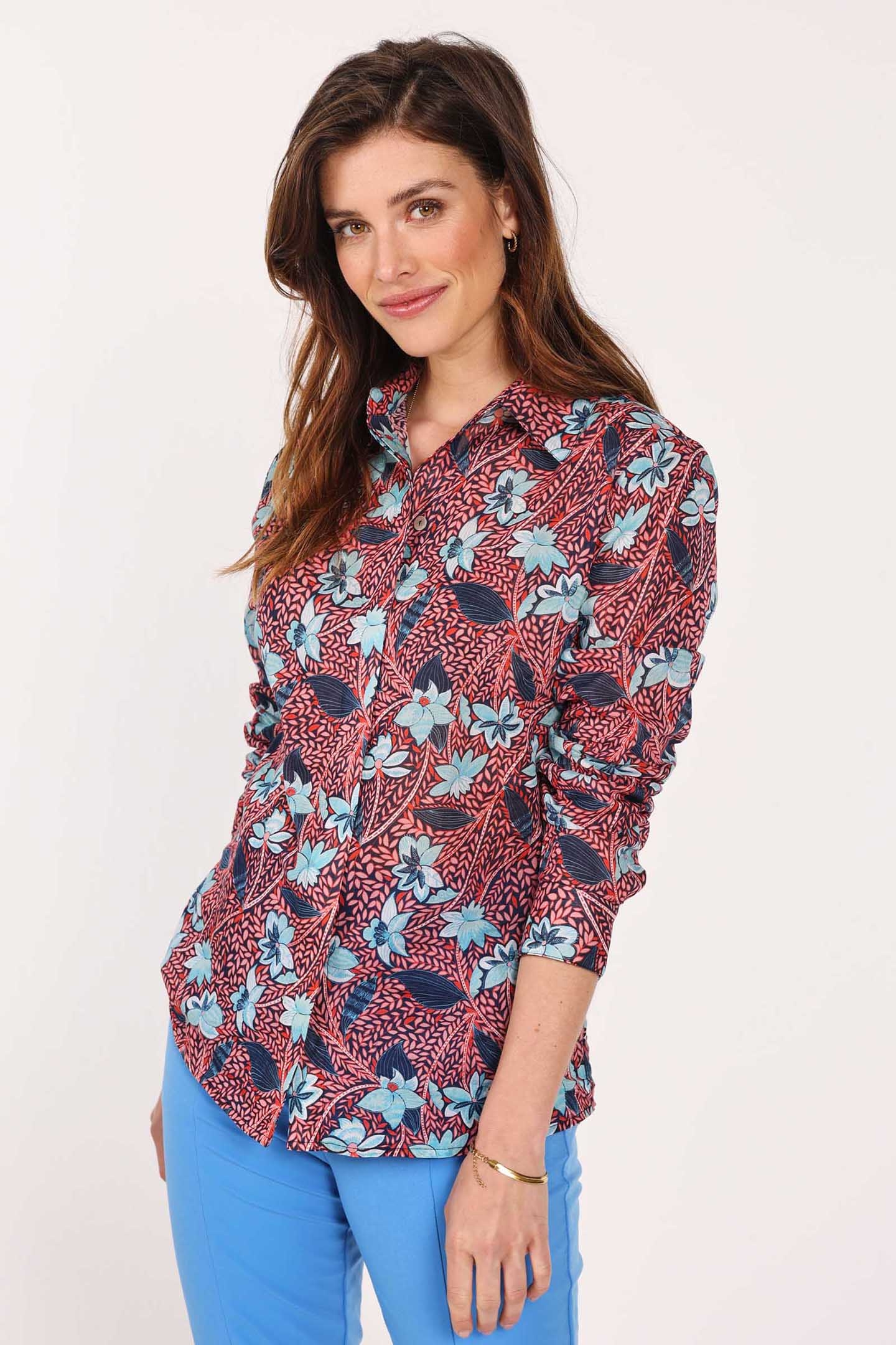 BLOUSE L/S TOP NOTCH POPPY RED WITH LOTS OF LEAVES PRINT 5