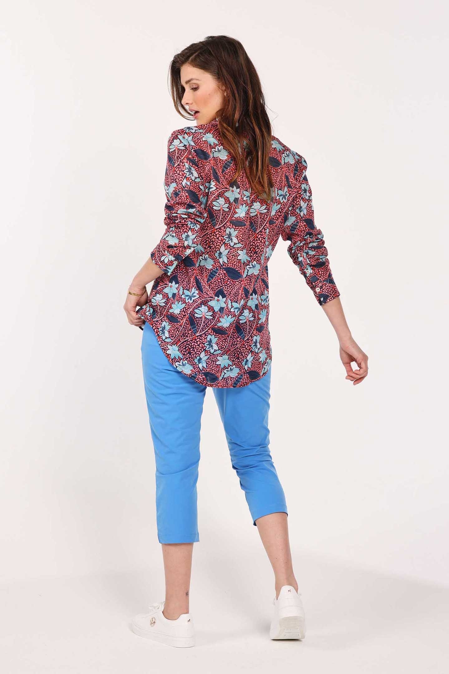 BLOUSE L/S TOP NOTCH POPPY RED WITH LOTS OF LEAVES PRINT 3