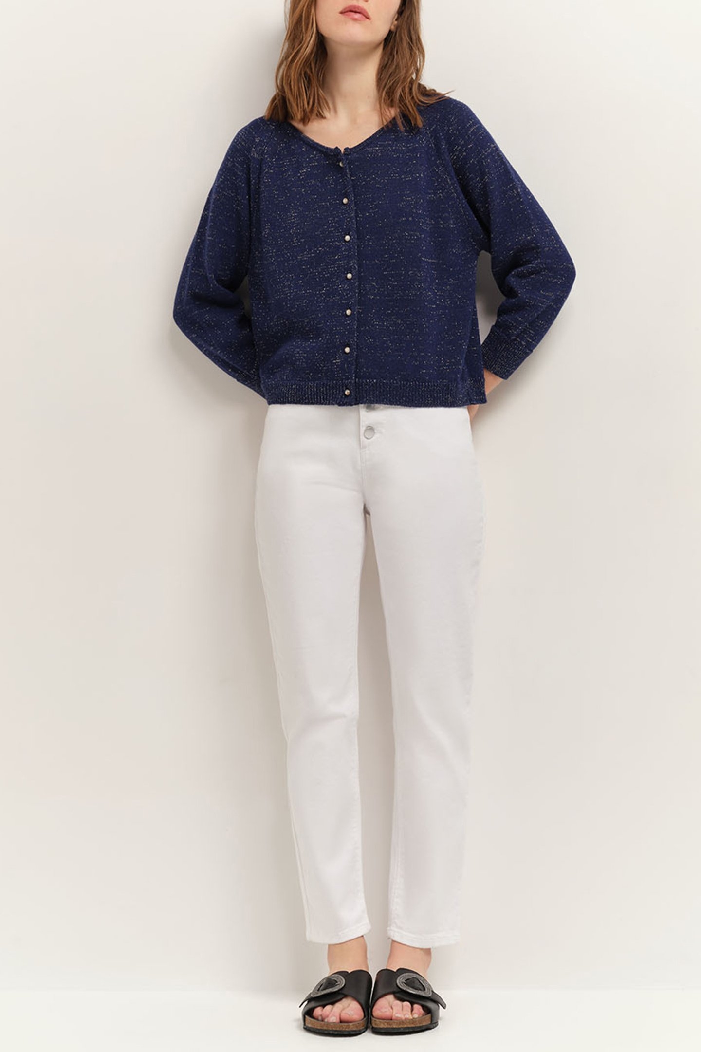 TASTE - NAVY CARDIGAN, LUREX KNIT, BOAT NECK NAVY 3