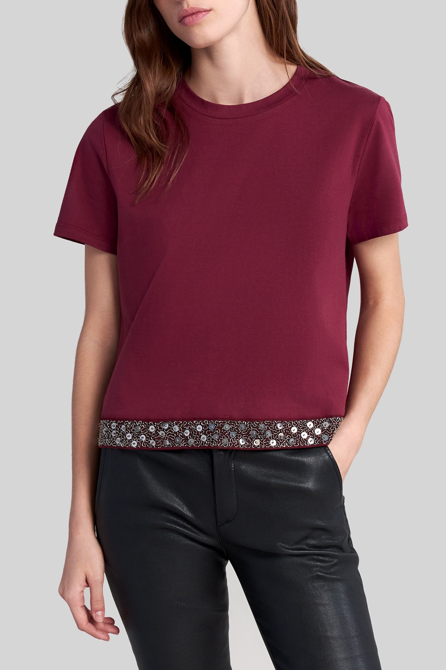 BURGUNDY ORGANIC COTTON BEAD EMBROIDERY T-SHIRT 1