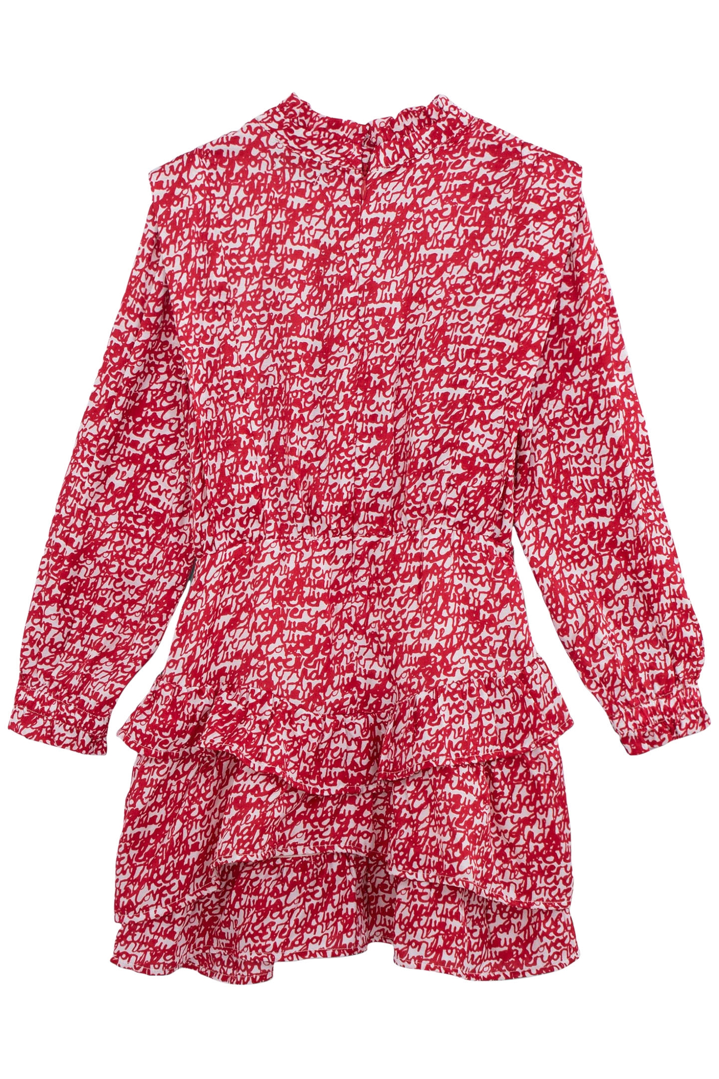 GIRLS’ RED RUFFLED DRESS WITH TAG PRINT 2