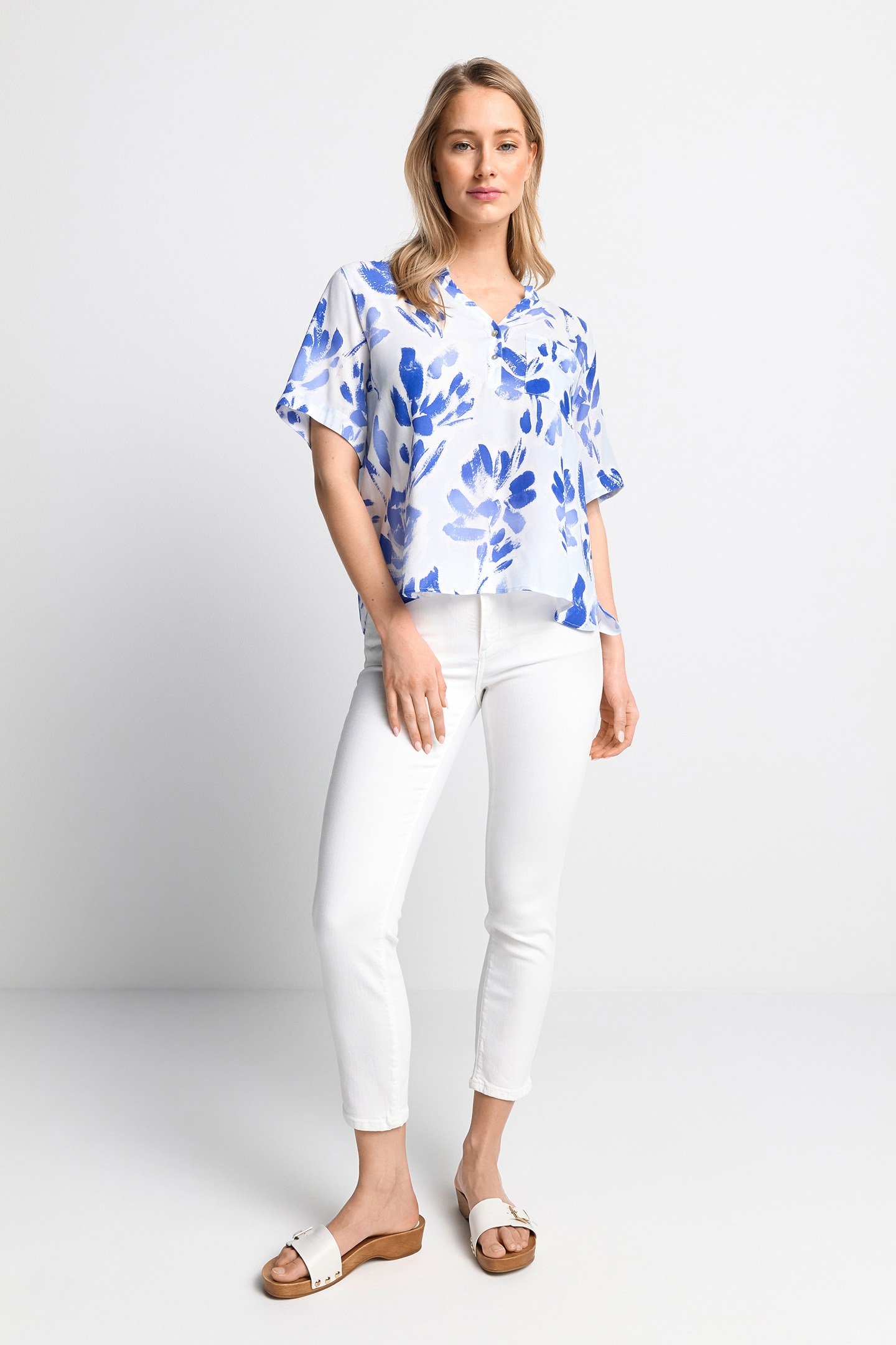 PRINTED V-NECK BLOUSE COTTON BLUE 2