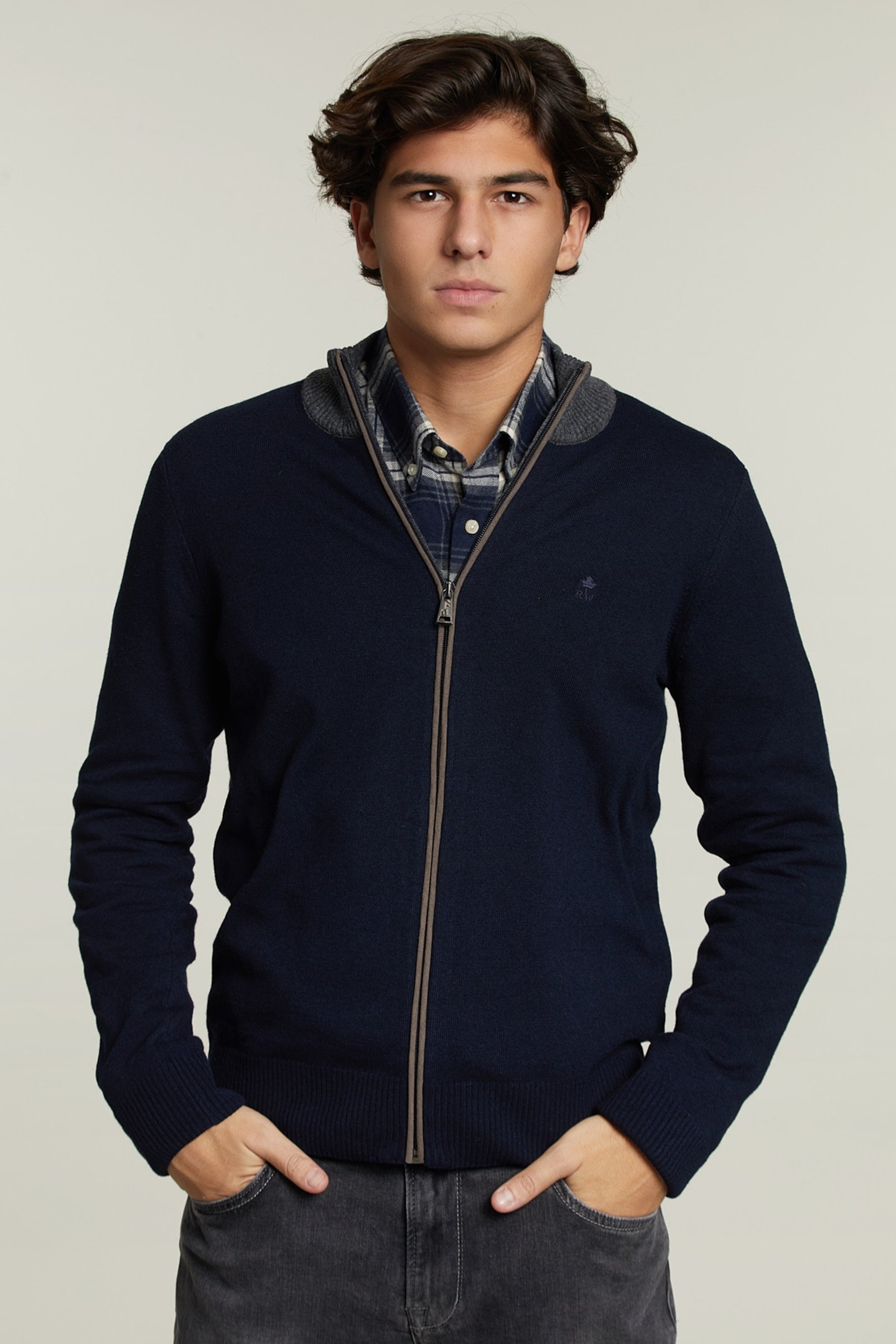 CUSTOM FIT MOCK NECK CARDIGAN NAVY 1