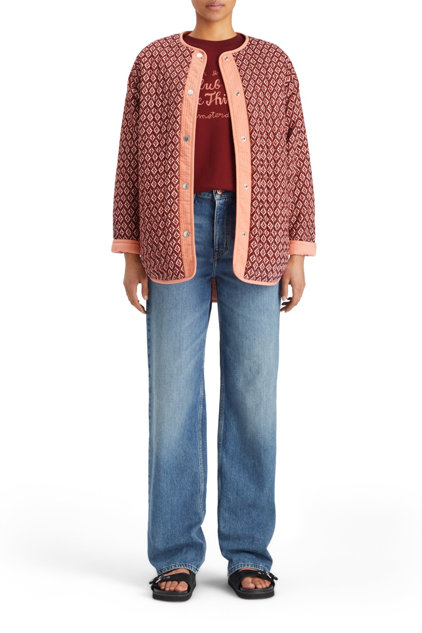 REVERSIBLE BLOCKPRINT LINER JACKET GEO FLOWER BORDEAUX 3