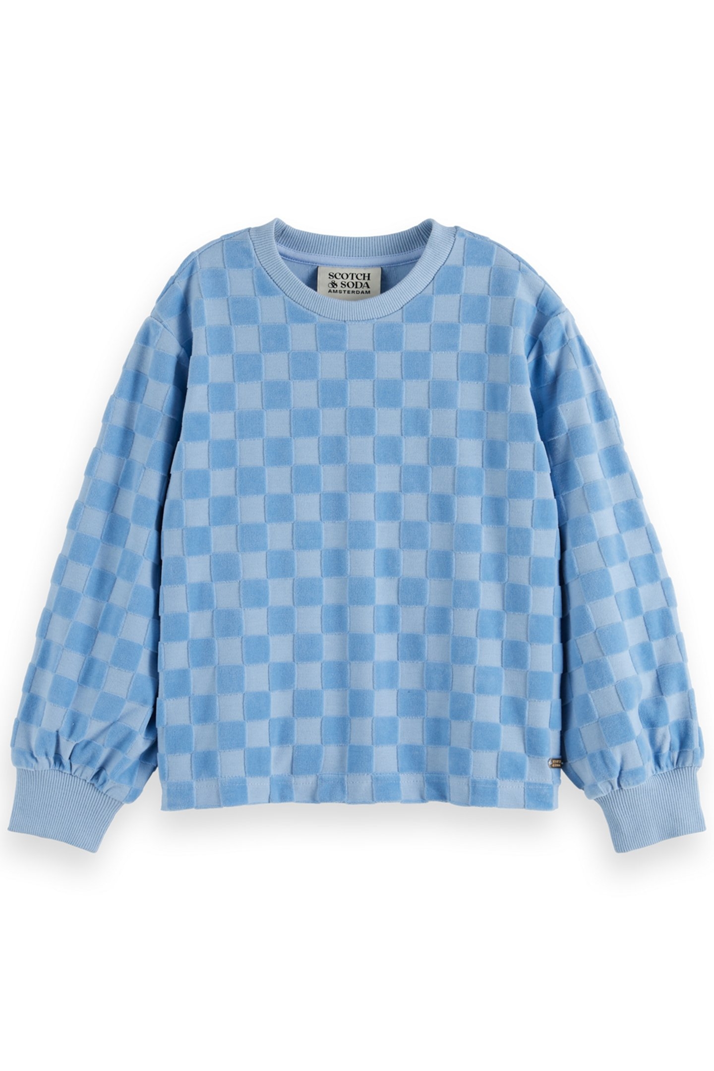 GIRL RELAXED-FIT VELOUR CHECKERBOARD CREWNECK PACIFIC BLUE 1