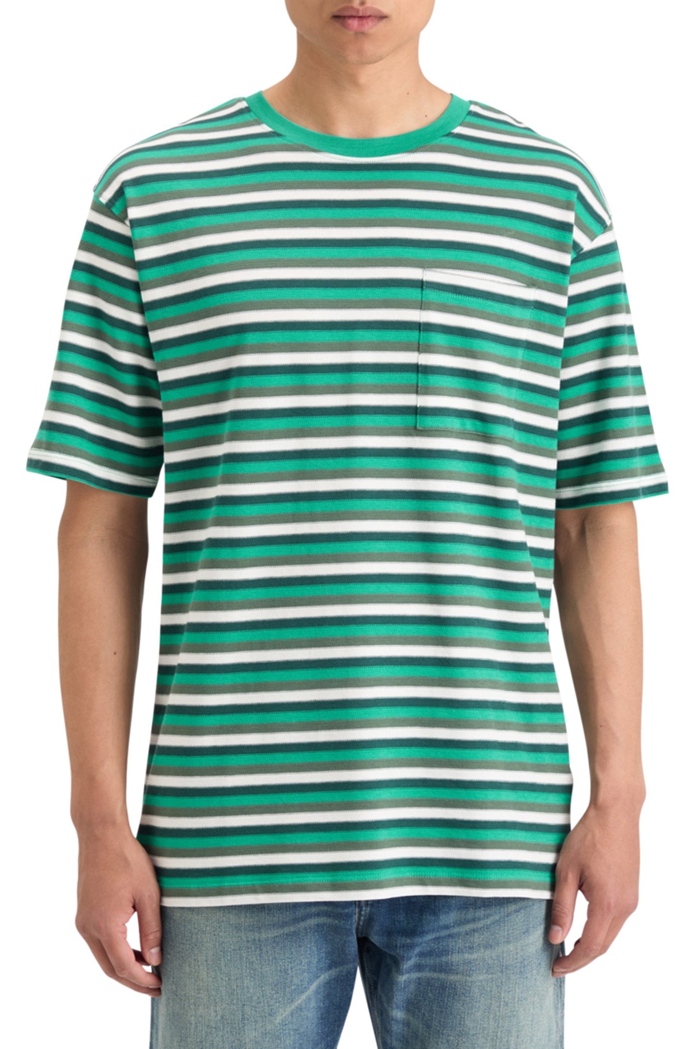 RELAXED FIT STRUCTURE STRIPE T-SHIRT GREEN WHITE MULTI STRIP 1