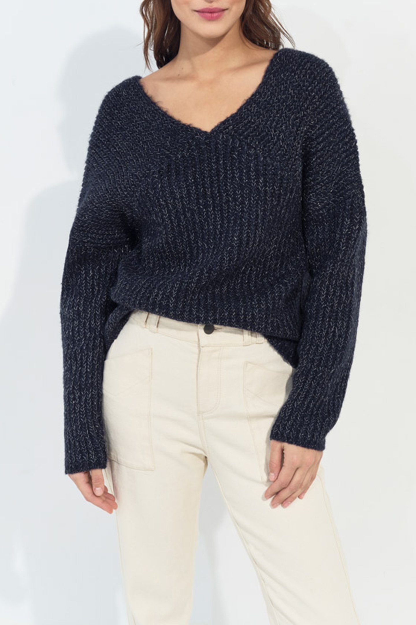 TIMEO - NAVY LUREX KNIT V-NECK JUMPER FRONT/BACK 1