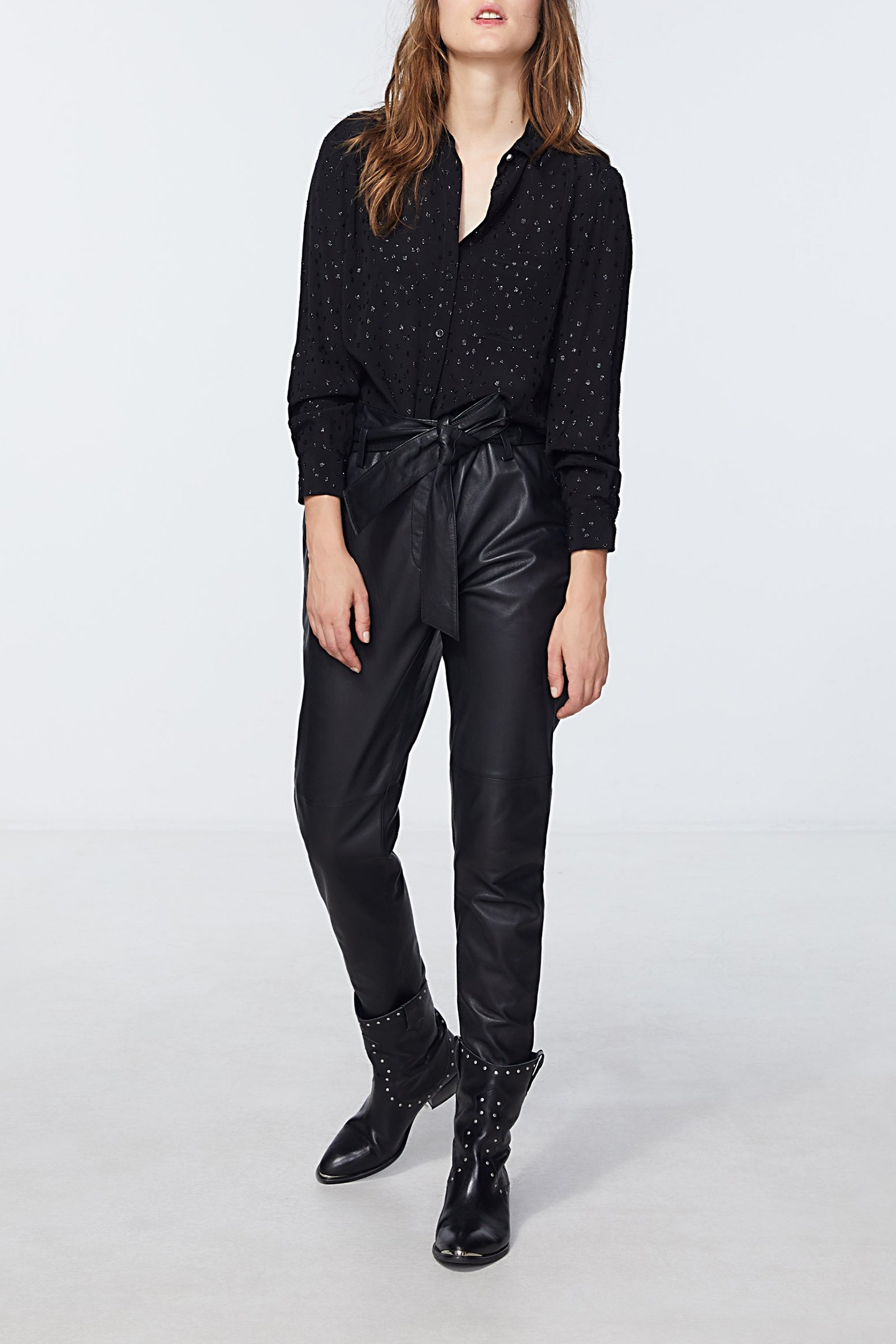 BLACK LAMBSKIN LEATHER HIGH.WAIST TROUSERS 3