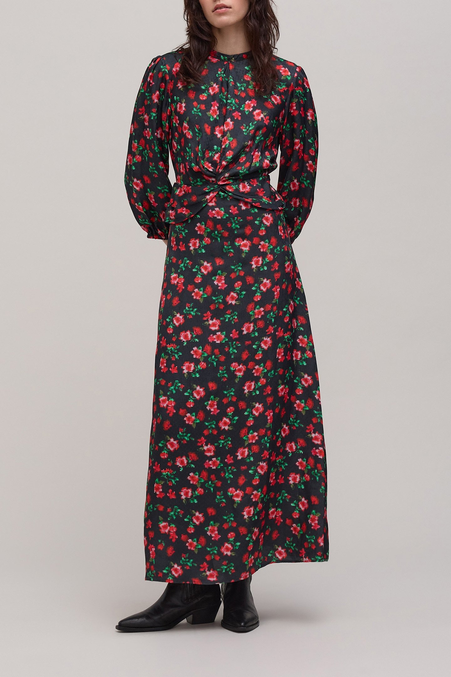 FLOWER PIXEL PRINT BLACK MAXI DRESS 1