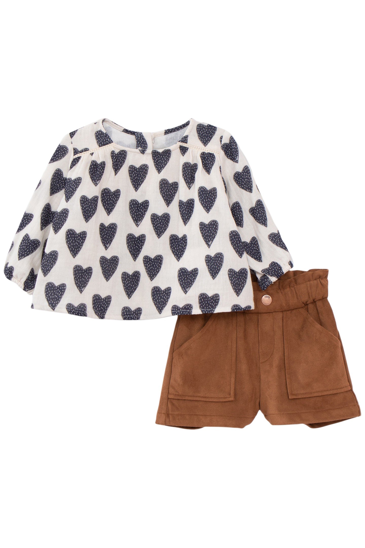 2-IN-1 BABY GIRL HEARTS BLOUSE AND CAMEL SHORTS SET 1