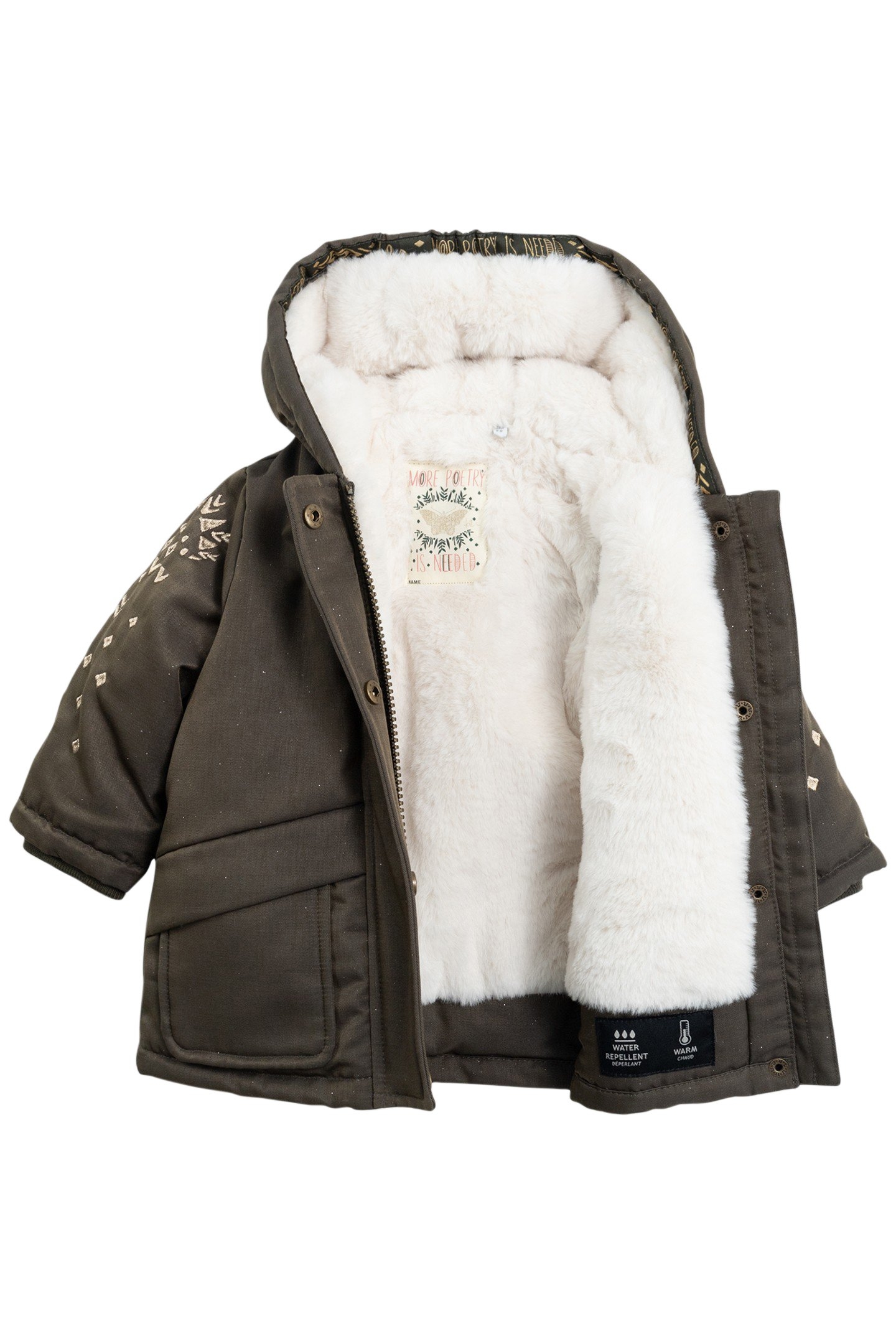 SEQUINED KHAKI PARKA WITH EMBROIDERED SLEEVES, BABY GIRL 3
