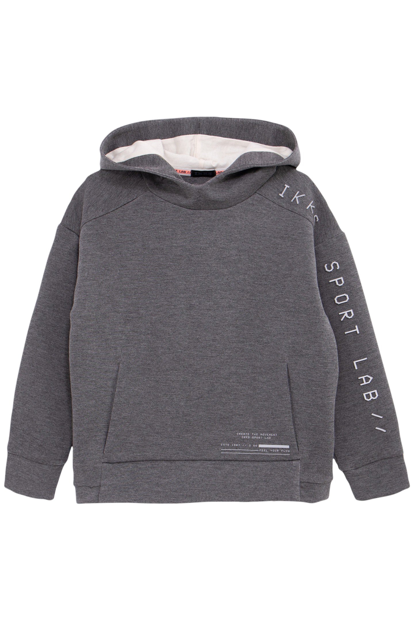 BOY'S GREY HOODIE, REFLECTIVE SLEEVES, EMBOSSED SLOGAN 1