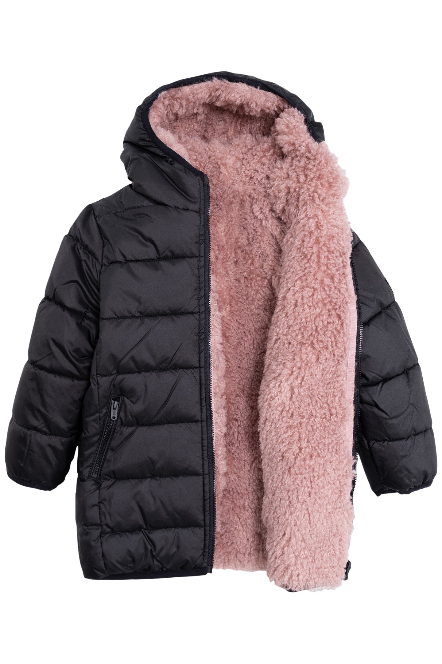 GIRL'S LONG REVERSIBLE BLACK AND PINK SHERPA JACKET 6