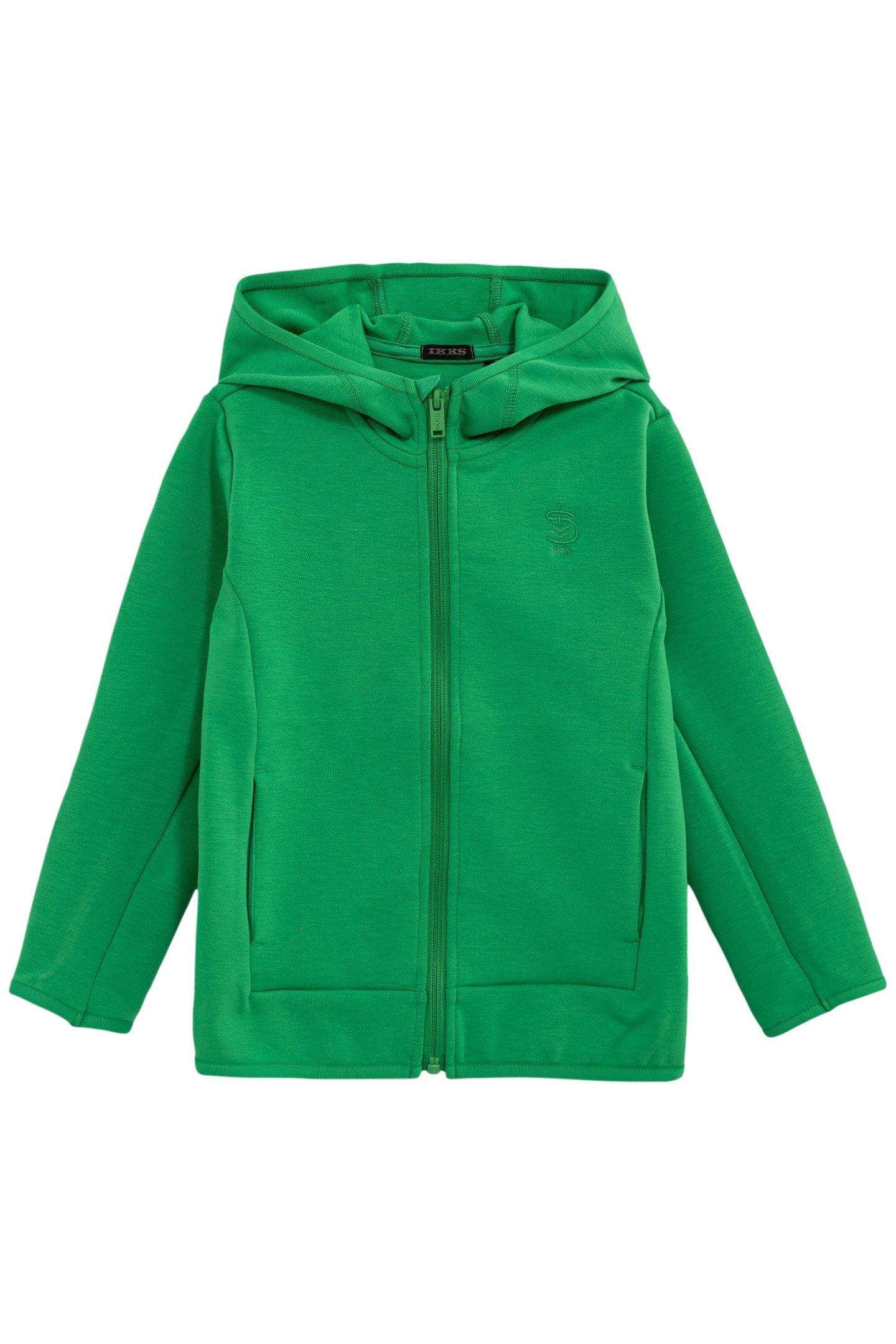 BOY'S GREEN ZIPPED CARDIGAN, SLOGAN EMBROIDERED ON BACK 1