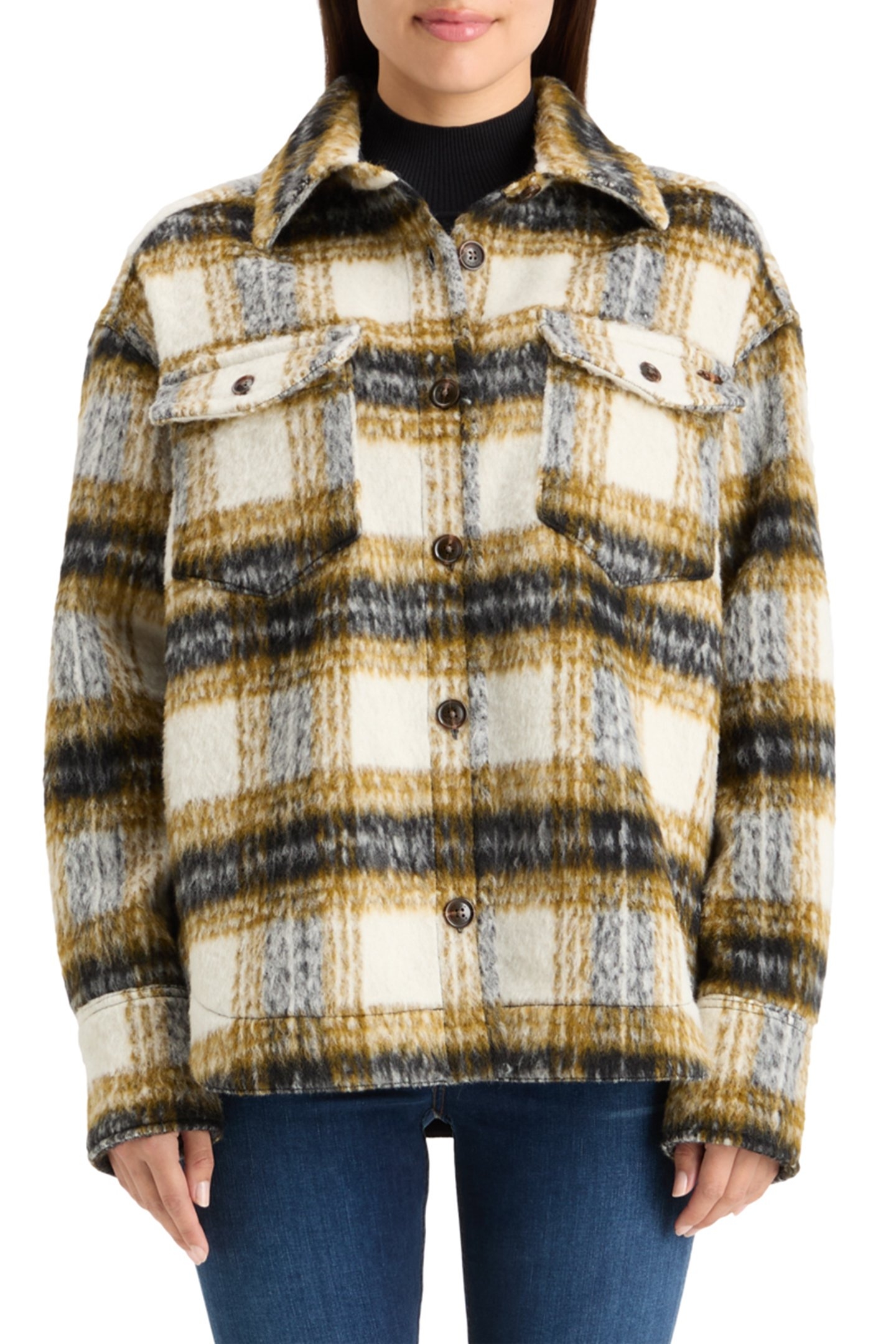 BRUSHED CHECK WOOL MIX SHIRT JACKET OLIVE CHECK 1