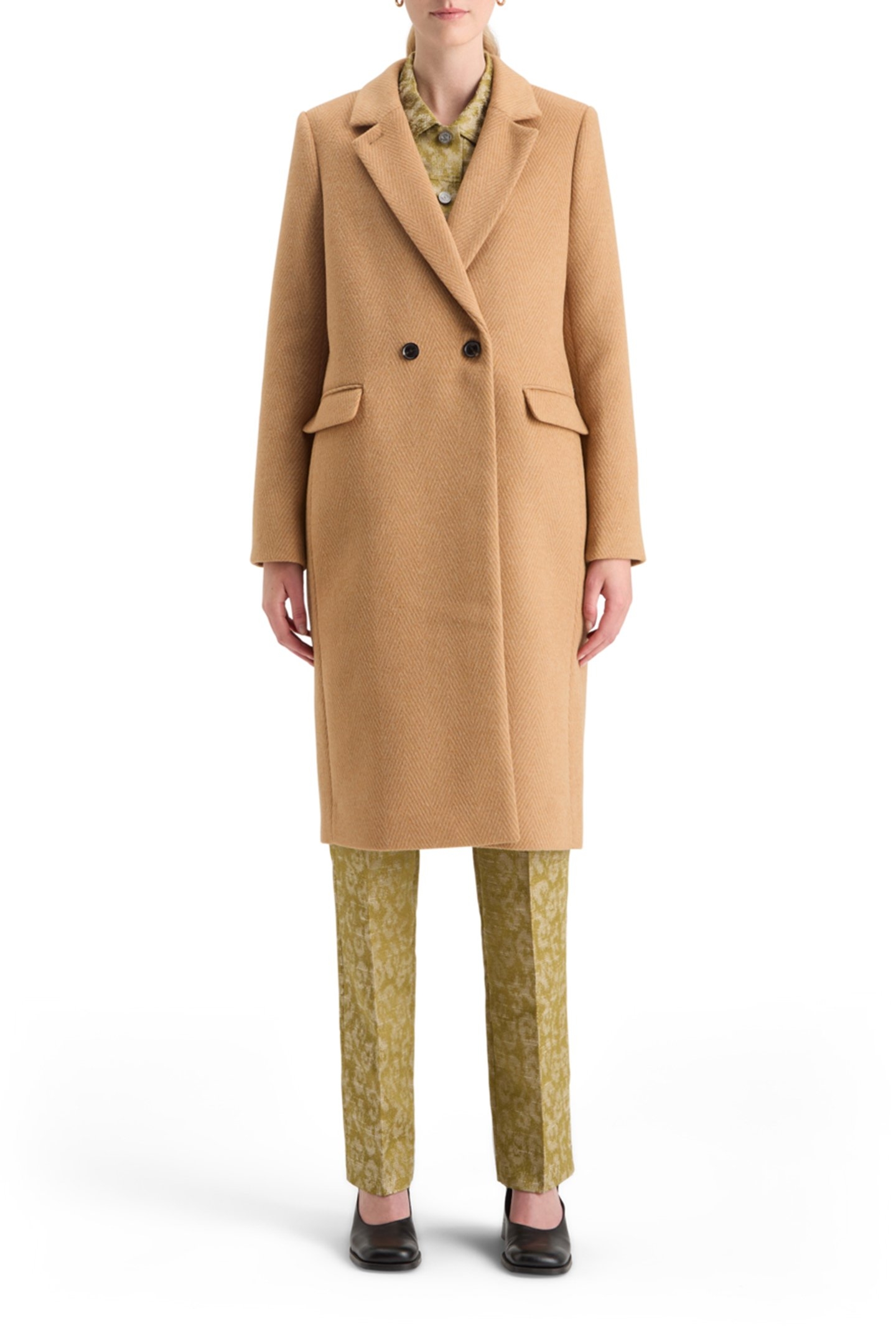 SINGLE BREASTED HERRINGBONE WOOL BLEND TAILORED COAT TABACCO 1