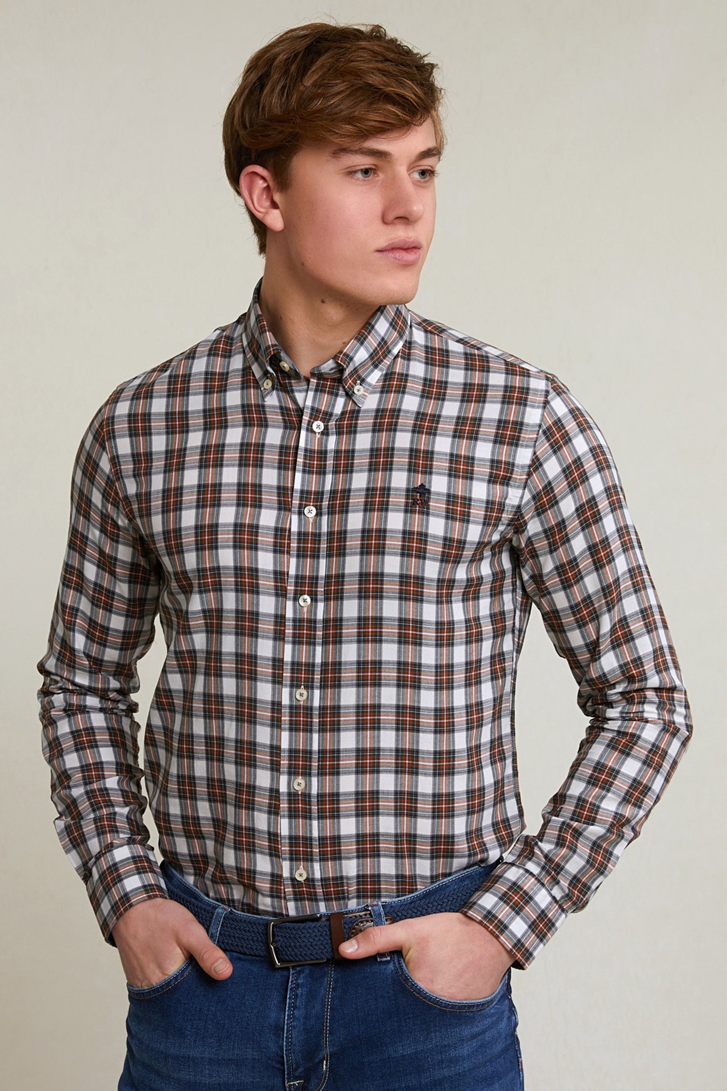 CUSTOM FIT CHECKED SHIRT GREEN/BEIGE 1