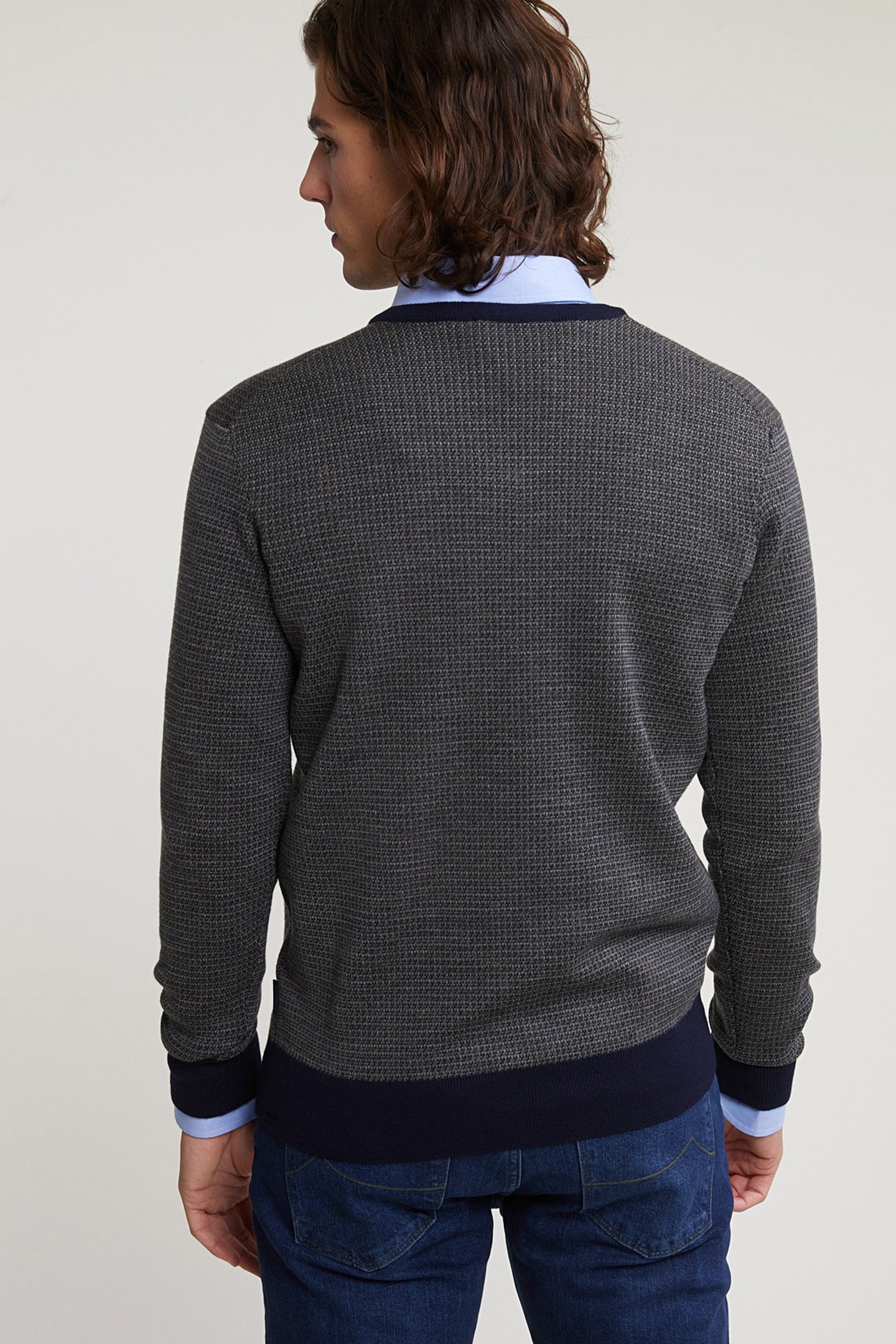 CUSTOM FIT MERINO V-NECK SWEATER NAVY/OXFORD MIX 2