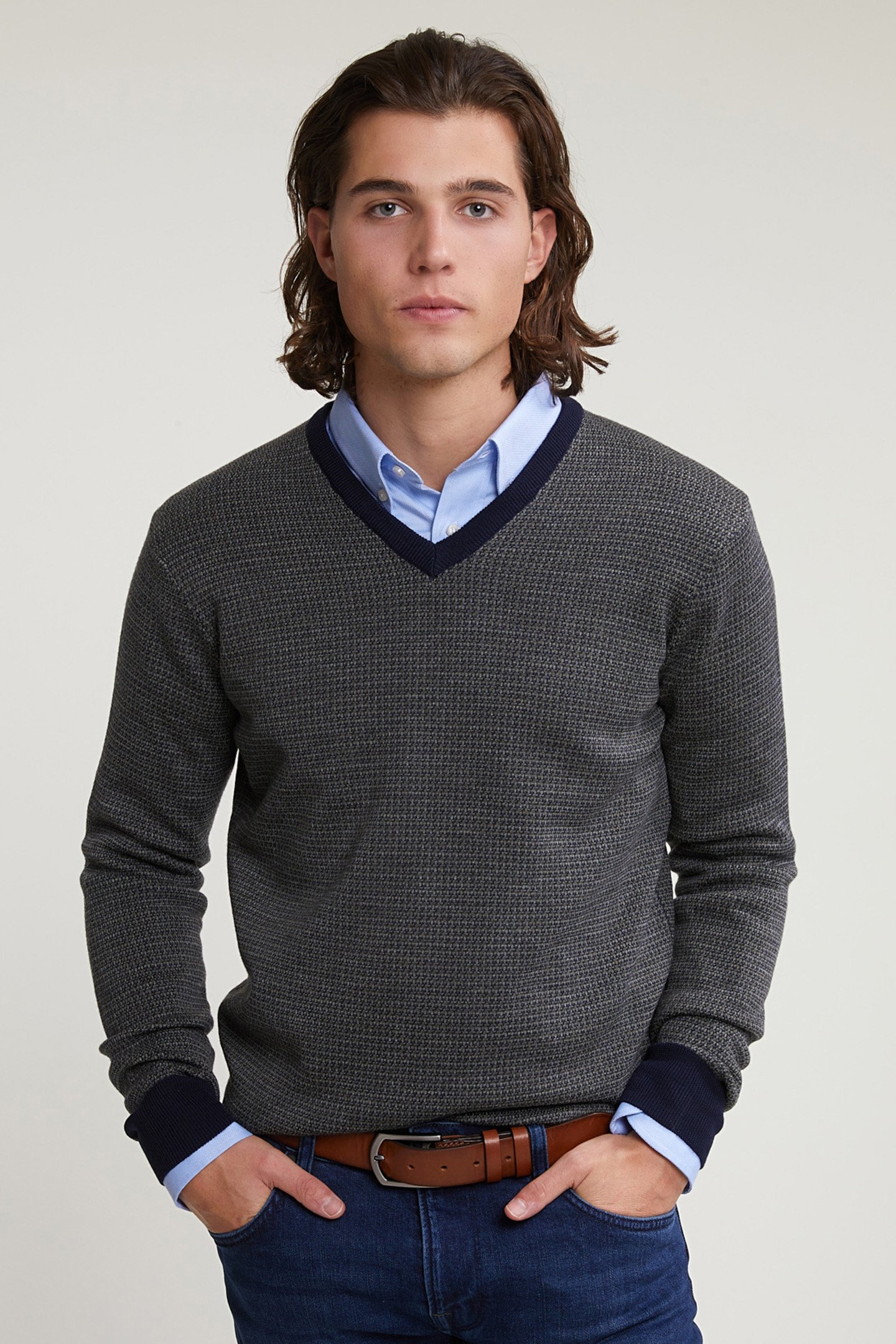 CUSTOM FIT MERINO V-NECK SWEATER NAVY/OXFORD MIX 1
