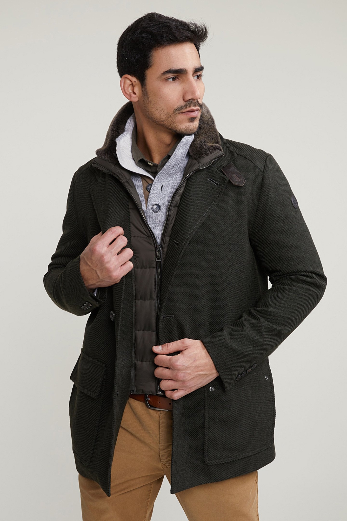 COAT VIRGIN WOOL/COTTON DETACHABLE FUR COLLAR KHAKI 1