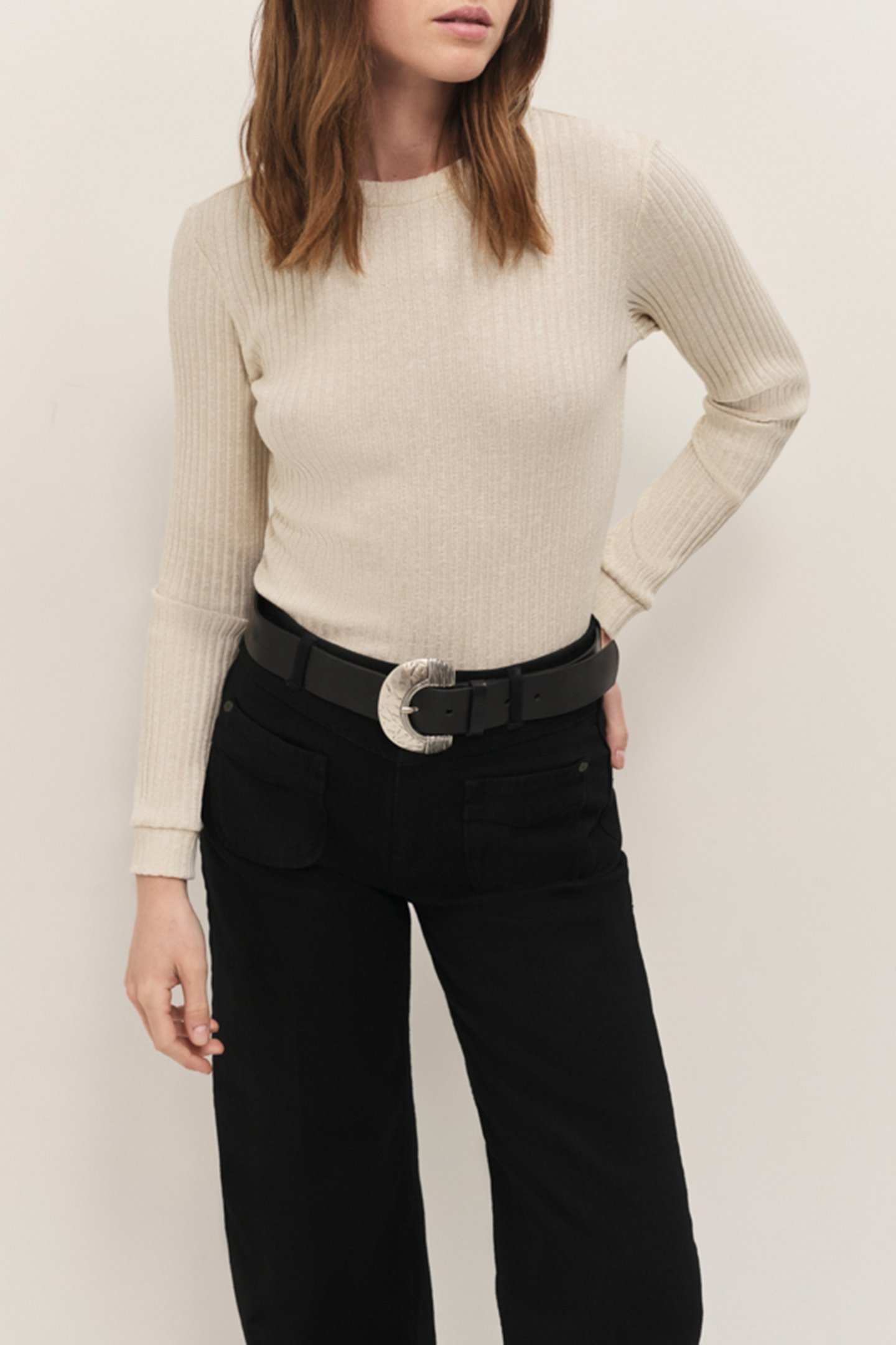 MALENE - ECRU RIBBED LUREX KNIT LONG-SLEEVED T-SHIRT 1