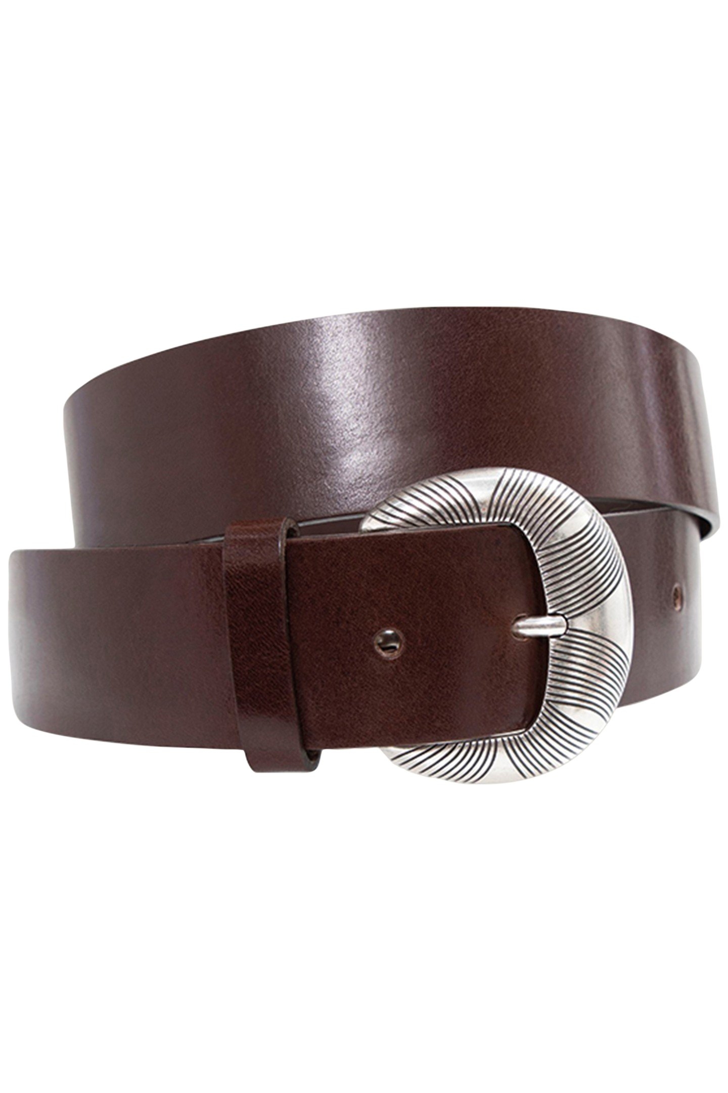 AVA - CHOCOLATE BROWN LEATHER BELT WITH FANCY ENGRAVED BUCKL 1