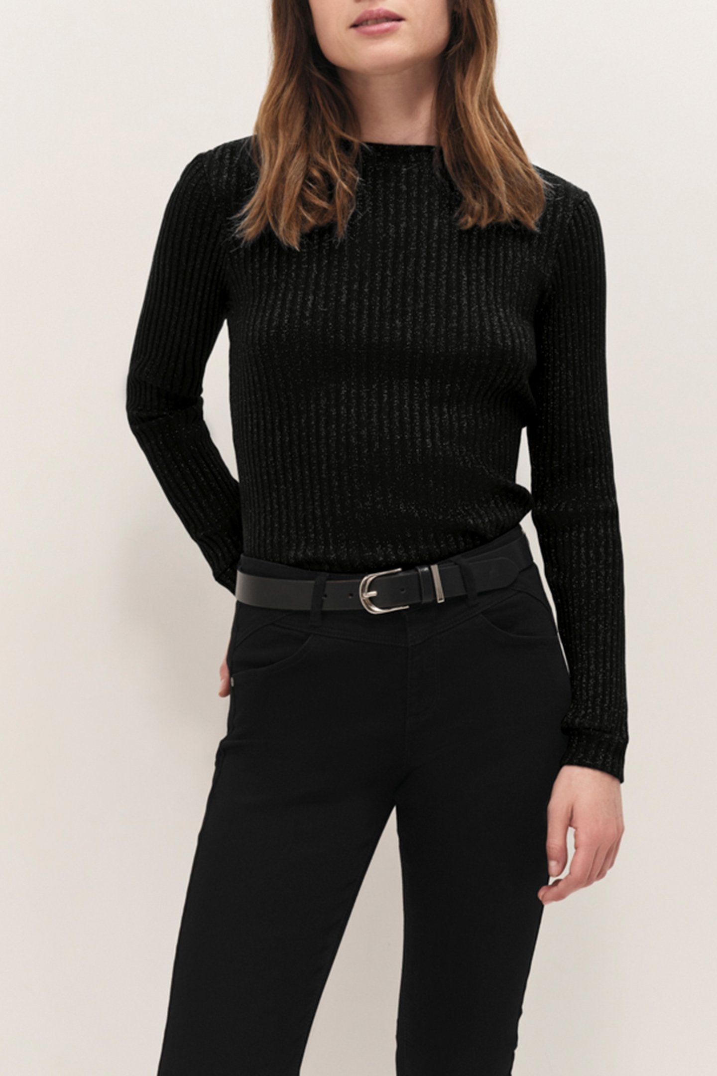 MALENE - BLACK RIBBED LUREX KNIT LONG-SLEEVED T-SHIRT 1