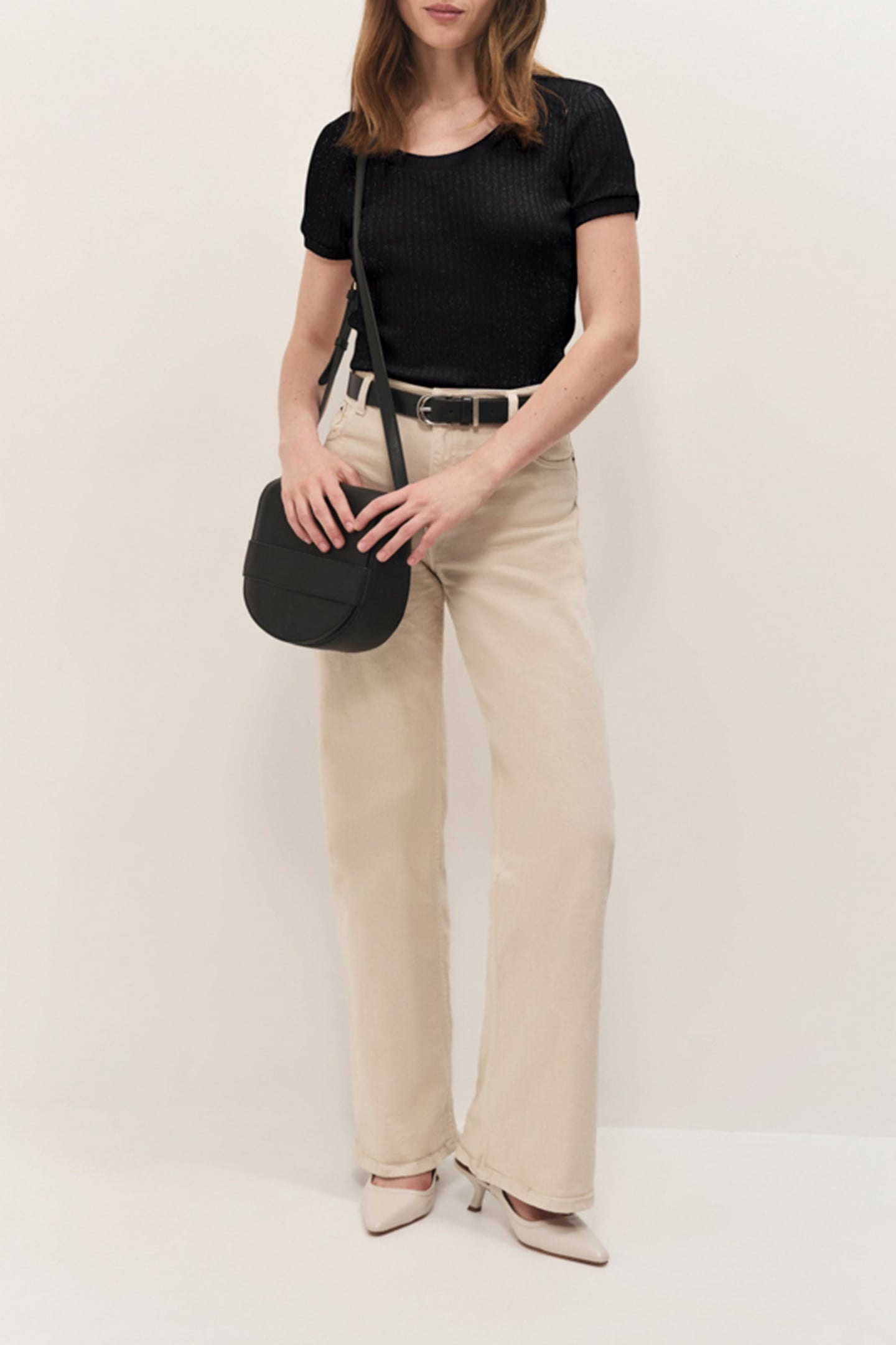 MILESI - BLACK RIBBED LUREX KNIT SHORT-SLEEVED T-SHIRT 3