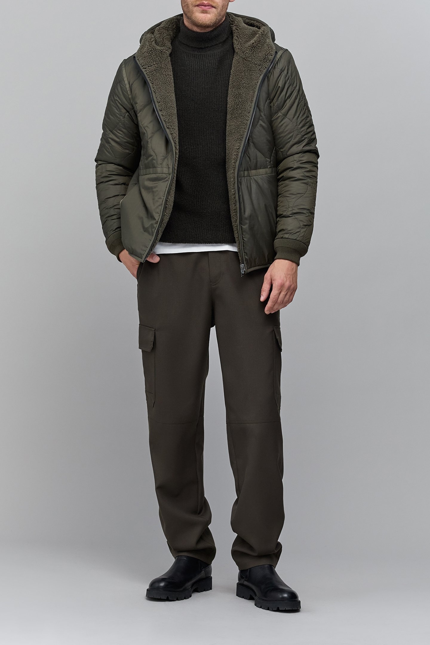 KHAKI QUILTED NYLON/SHERPA REVERSIBLE PADDED JACKET 4