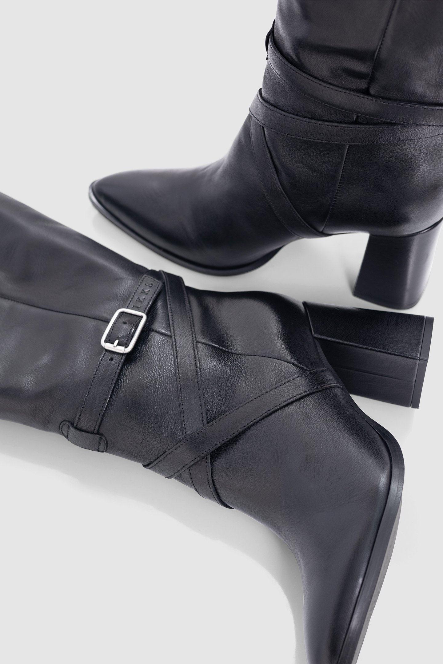 BLACK LEATHER CROSS-STRAP HEEL BOOTS 5
