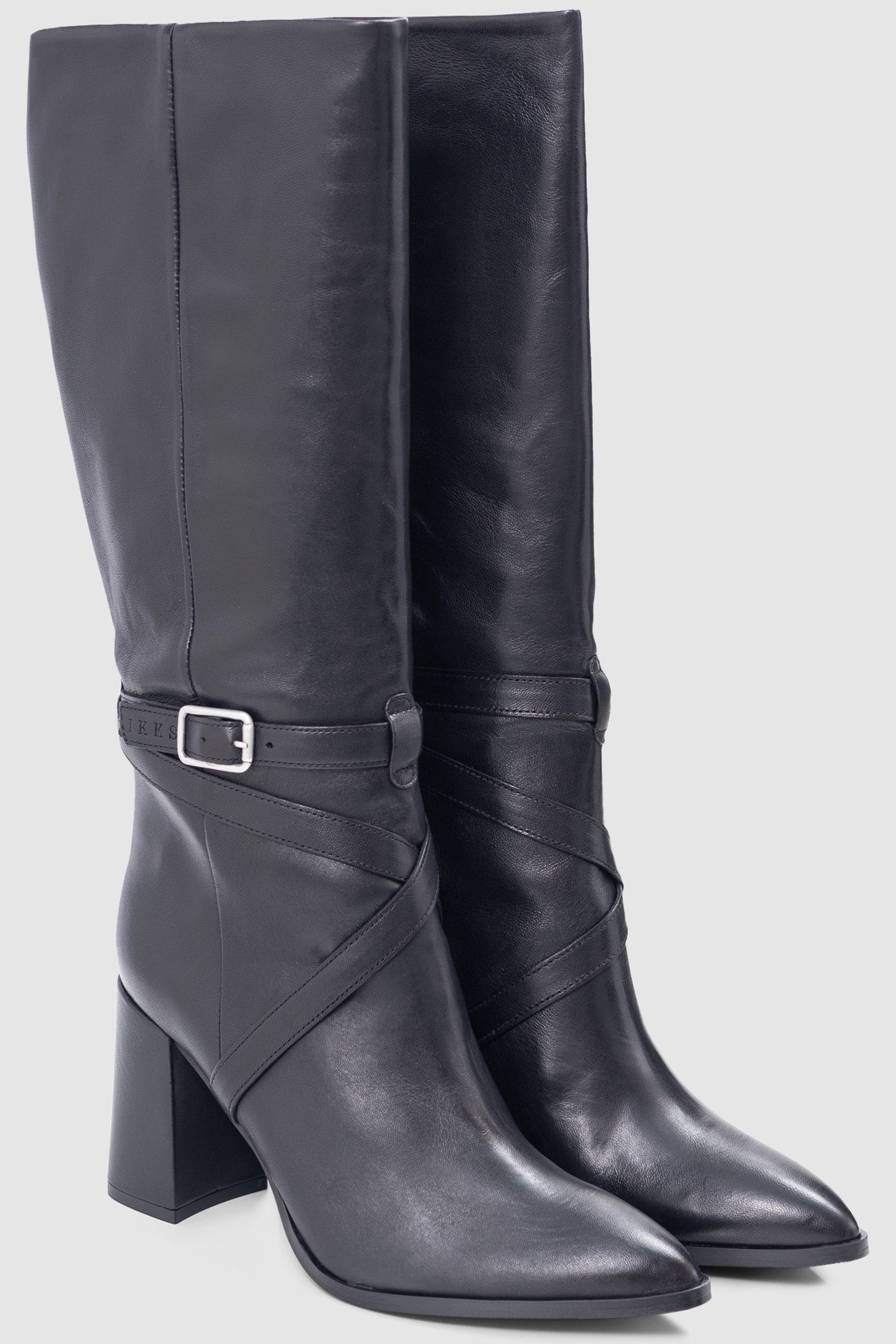 BLACK LEATHER CROSS-STRAP HEEL BOOTS 2