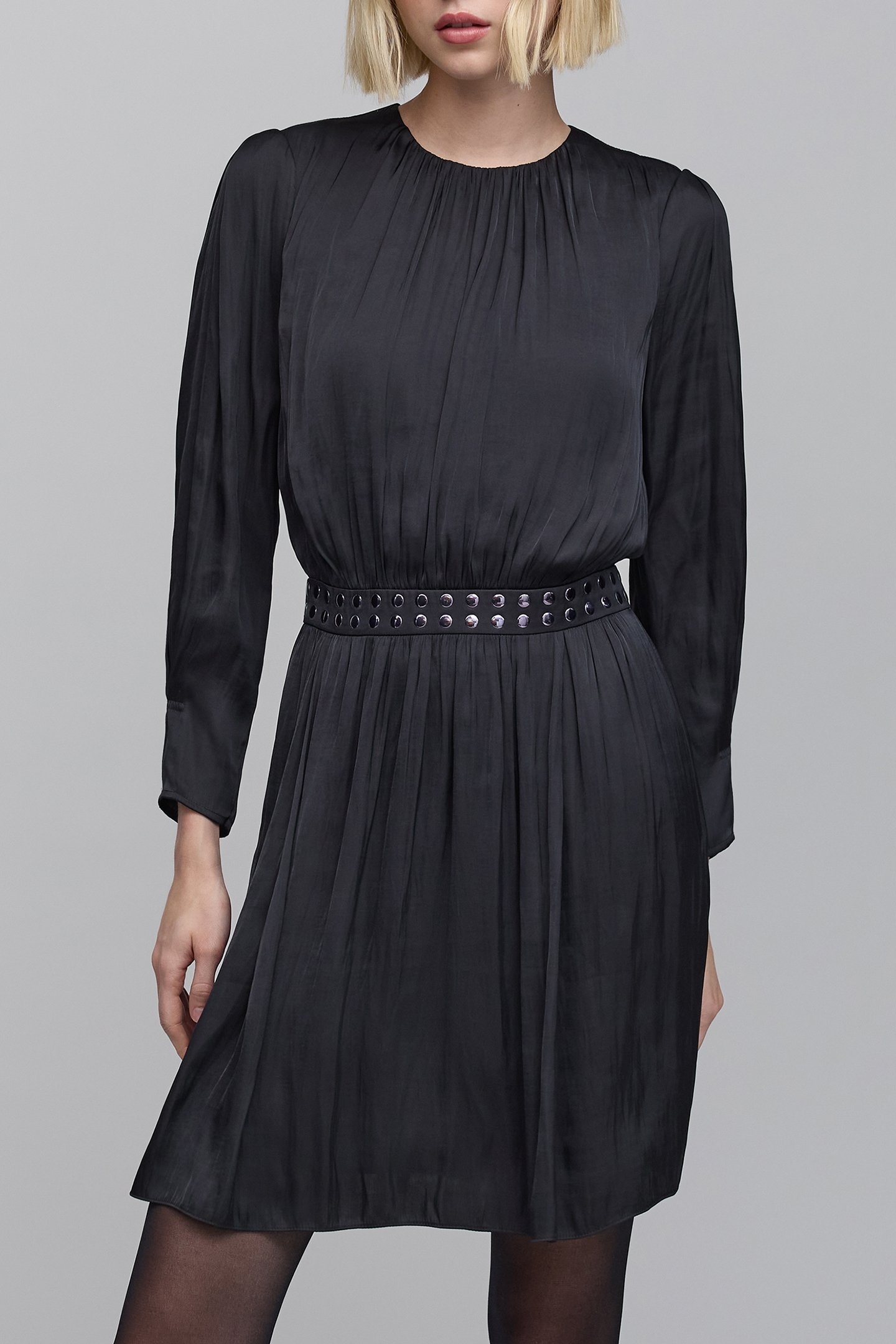 CRUMPLED BLACK DRESS WITH STUDDED WAISTBAND 1