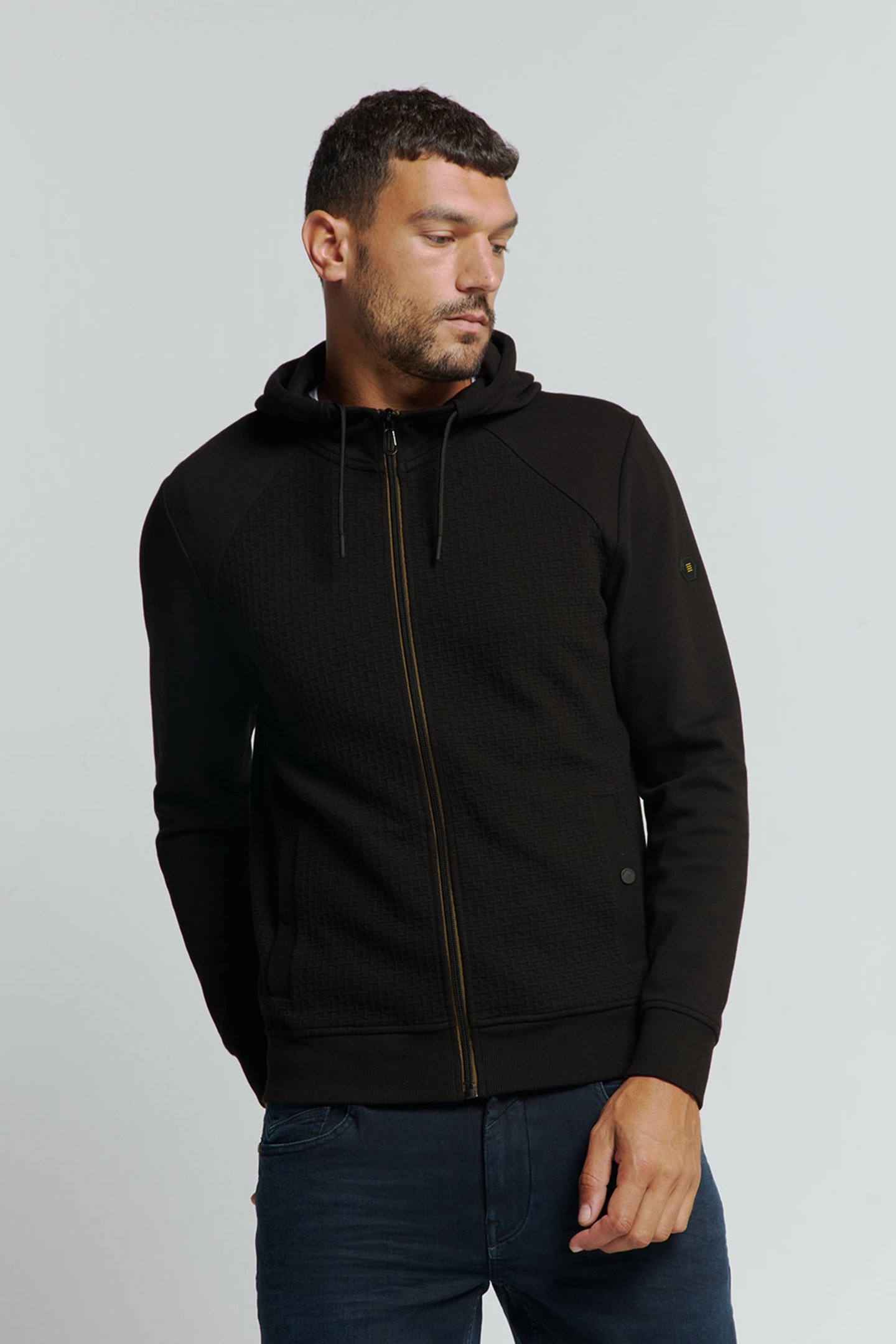 SWEATER HOODED FULL ZIPPER DOUBLE LAYER JACQUARD STRETCH BLA 1