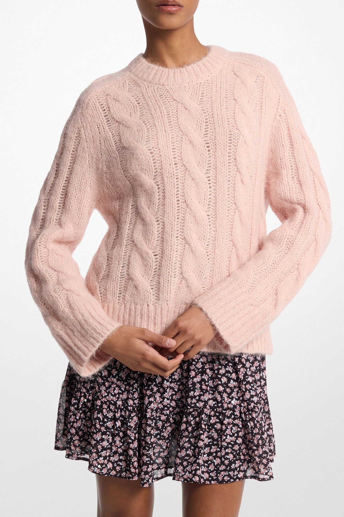 CABLE KNIT CREW SWEATER IN ROSEWATER PINK 1
