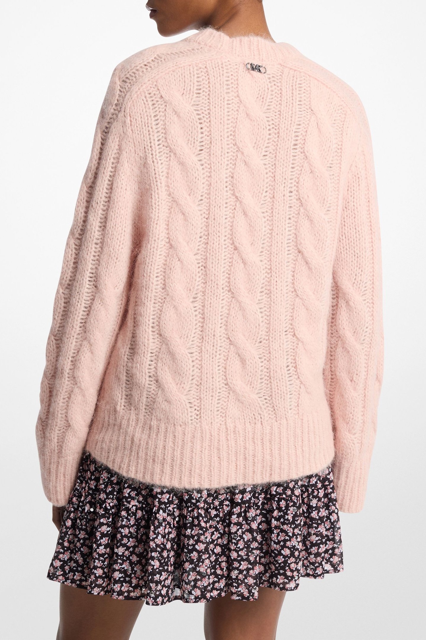 CABLE KNIT CREW SWEATER IN ROSEWATER PINK 2