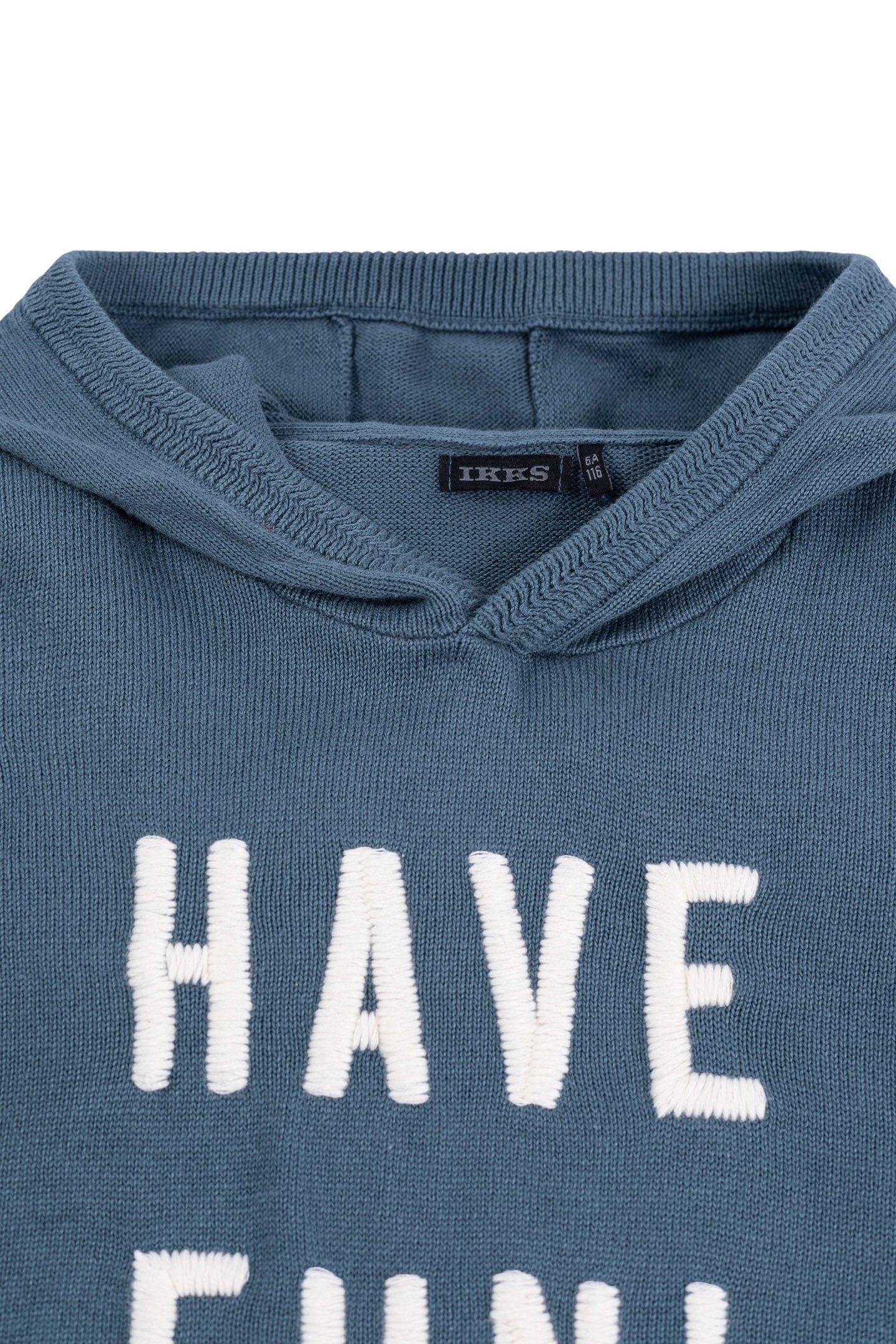 BOY'S BLUE KNITTED HOODIE WITH EMBROIDERED MESSAGE 5