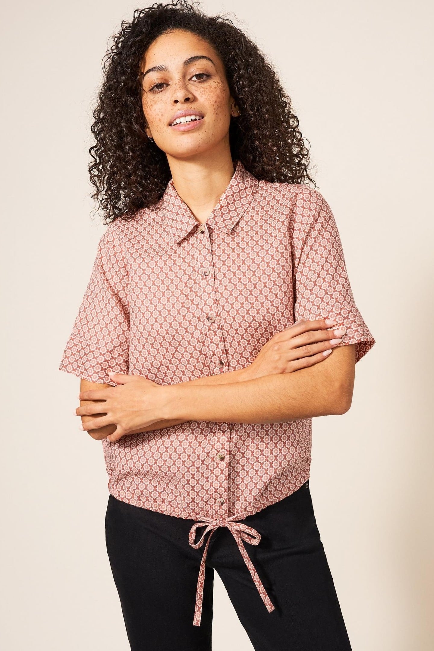 LILY TIE HEM LINEN SHIRT RED MULTI 2